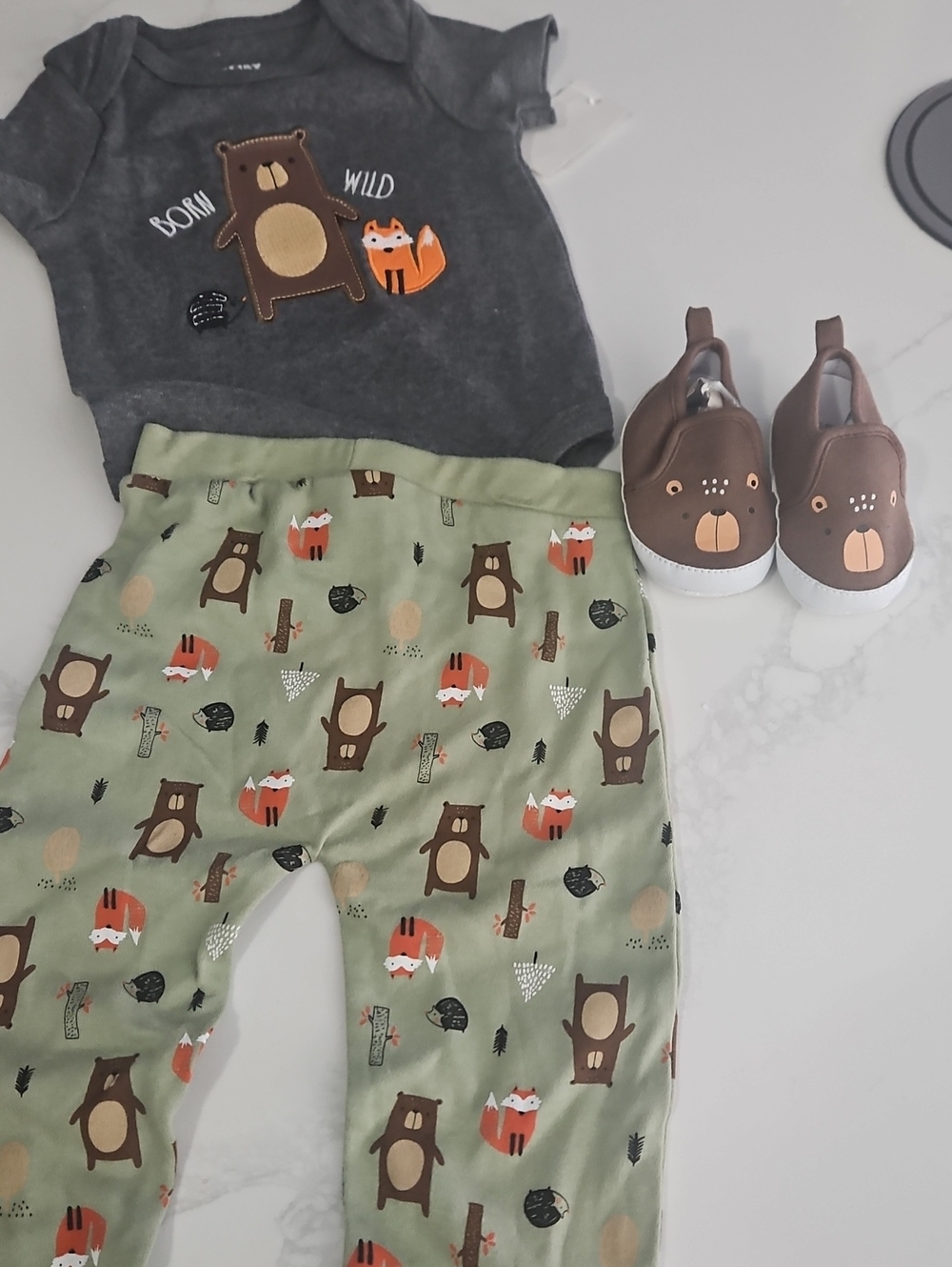 Unbranded Kids Woodland Bear & Fox Bodysuit and Pants Set - Gray & Green